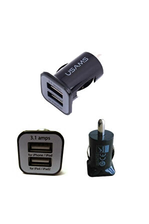 Usams Çift Usb'li Araç Çakmaklık Şarj Adaptörü Siyah