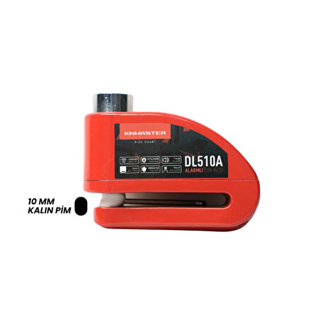 KNMASTER DL510A 10 mm Alarmlı Disk Kilidi | Hatırlatma Kablosu ve Taşıma Çantası Hediye | Kırmızı