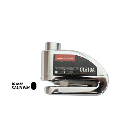 KNMASTER DL610A Alarmlı Disk Kilidi | 10 mm Çelik Pim | Hatırlatma Kablosu ve Taşıma Çantası | Silver