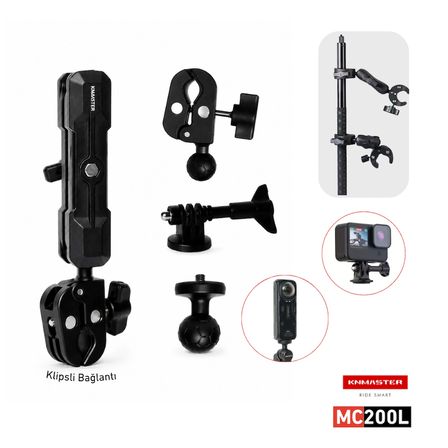 KNMASTER MC-200L – 360° Ayarlanabilir Motosiklet Çift Yengeç Kelepçeli (Double Clamp) Aksiyon Kamera Destek Aparatı (28 cm)