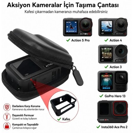 KNMASTER Aksiyon Kamerası Taşıma Çantası – DJI / Insta360 Kameralar Uyumlu Sert Koruyucu Çanta