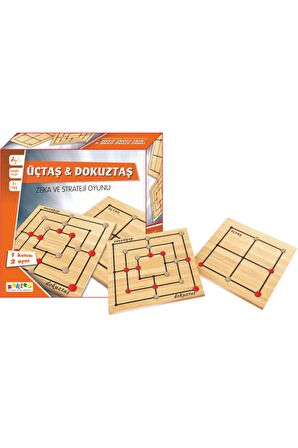 Zekice Ahşap Üç Taş & Dokuz Taş ( 2 Oyun 1 Arada )