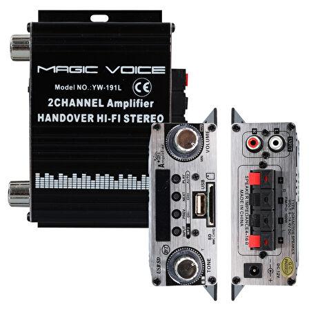 MagicVoice YW-191L 12 Volt 100 Watt Motosiklet Bluetooth Amfi USB/SD 2 Kanal Pazarcı - Anfi (125X95X40mm) 