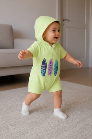 Kapüşonlu Ocean Baskılı Kısa Kollu Unisex Bebek Tulum 10231
