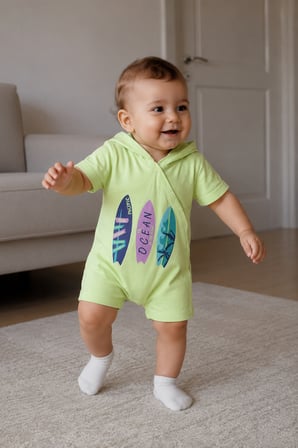 Kapüşonlu Ocean Baskılı Kısa Kollu Unisex Bebek Tulum 10231