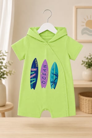 Kapüşonlu Ocean Baskılı Kısa Kollu Unisex Bebek Tulum 10231