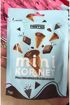 Kakaolu fındık kreması ve sütlü çikolata dolgulu mini kornet 75 gr X 4 Adet