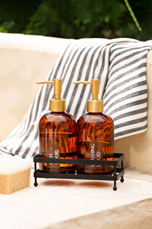 Neo Siyah Metal Kare Stantlı 2'li Sıvı Sabunluk Seti Amber 420 cc