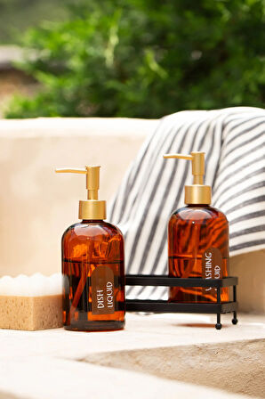 Neo Siyah Metal Kare Stantlı 2'li Sıvı Sabunluk Seti Amber 420 cc