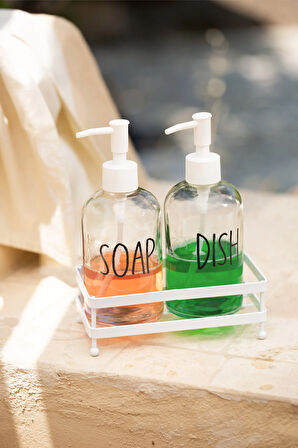 Basic Beyaz Metal Kare Stantlı 2'li Sıvı Sabunluk Seti 420 cc