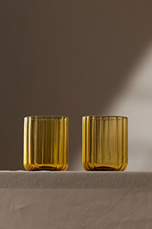 Flower El Yapımı Kendinden Renkli 2'li Su Bardağı Seti Amber 450 cc