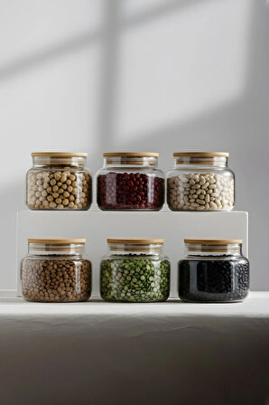 Basic Bambu Kapaklı 6'lı Cam Kavanoz Seti 350 cc