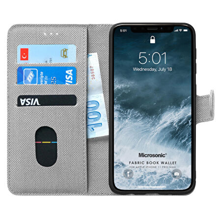 Microsonic Apple iPhone 11 Pro Max (6.5'') Kılıf Fabric Book Wallet Gri
