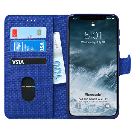 Microsonic Apple iPhone 11 Pro Max (6.5'') Kılıf Fabric Book Wallet Lacivert
