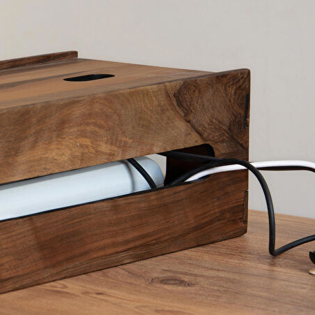 ​Woodsaka Reka Kablo Yönetim Kutusu ve Organizer & Güvenlik İstasyonu - Kayar Kapaklı - Ceviz - 32cm x 15cm x 11cm