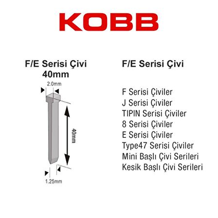 KOBB KBZ40F 40mm 2500 Adet F/E/J/8 Serisi Ağır Hizmet Tipi Kesik Başlı Çivi