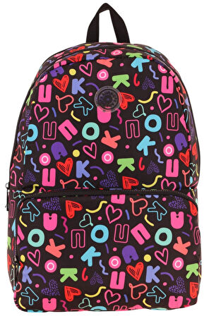 Kaukko Kız Çocuk Kalp ve Kaukko Baskılı Siyah Okul Çantası - Üç Bölmeli - K1781