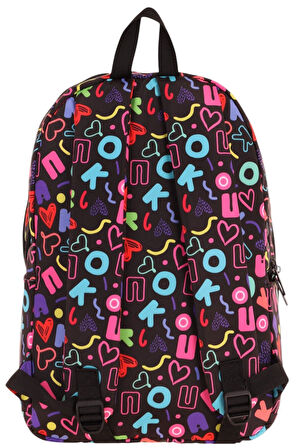 Kaukko Kız Çocuk Kalp ve Kaukko Baskılı Siyah Okul Çantası - Üç Bölmeli - K1781