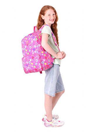 Kaukko Kız Çocuk Kalp ve Kaukko Baskılı Pembe Okul Çantası - Üç Bölmeli - K1783