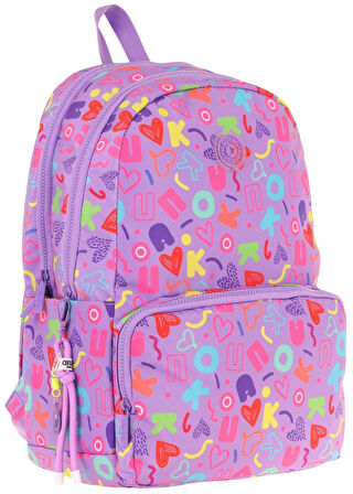 Kaukko Kız Çocuk Kalp ve Kaukko Baskılı Mor Okul Çantası - Üç Bölmeli - K1784