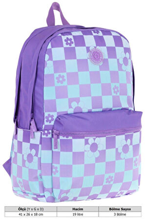 Kaukko Nature Kız Çocuk Üç Bölmeli Mor Mavi Papatya ve Kare Desenli Okul Sırt Çantası - K1785