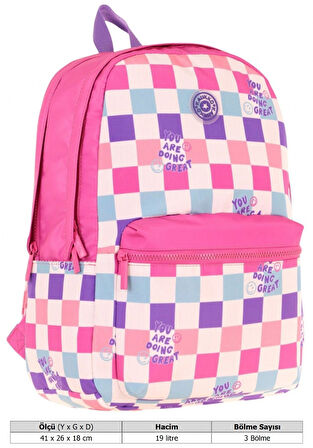 Kaukko Nature Kız Çocuk Üç Bölmeli Pembe Dama Desenli Okul Sırt Çantası - K1787