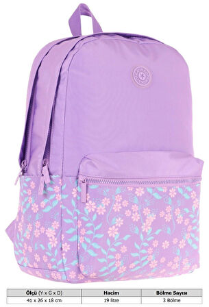 Kaukko Soft Floral Kız Çocuk Üç Bölmeli Mor Çiçekli Okul Sırt Çantası - K1793