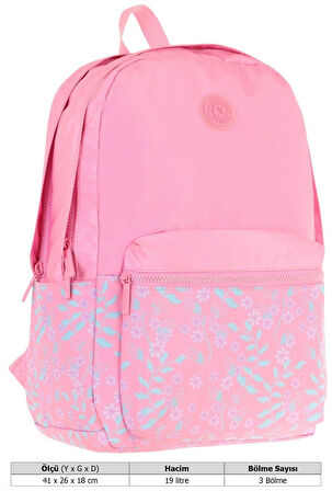 Kaukko Soft Floral Kız Çocuk Üç Bölmeli Pembe Çiçekli Okul Sırt Çantası - K1794