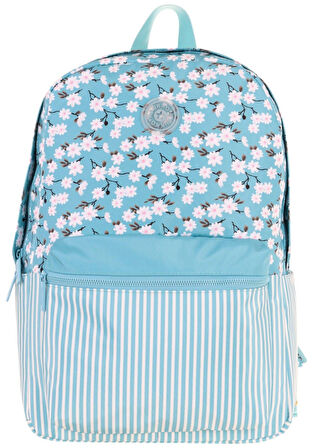 Kaukko Soft Floral Kız Çocuk Üç Bölmeli Turkuaz Çiçek ve Çizgi Desenli Okul Sırt Çantası - K1796