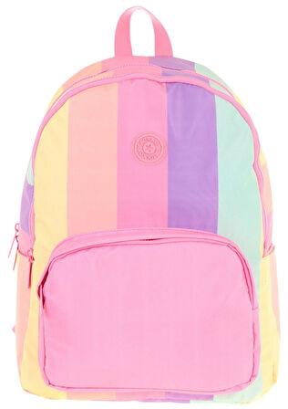 Kaukko Rainbow Kız Çocuk Üç Bölmeli İlkokul ve Ortaokul Çantası - Pembe Çok Renkli Çizgili - K1802