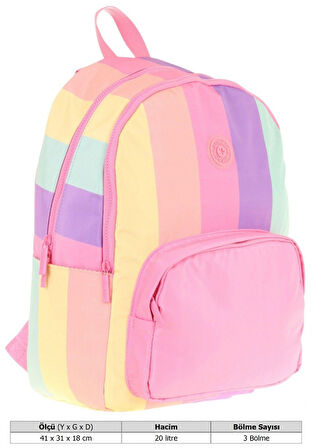 Kaukko Rainbow Kız Çocuk Üç Bölmeli İlkokul ve Ortaokul Çantası - Pembe Çok Renkli Çizgili - K1802
