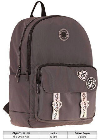 Kaukko Mirror Parlak Love Şeritli Kalp Aksesuarlı Okul ve Günlük Sırt Çantası - Kız Çocuk/Kadın - Gri - K1842