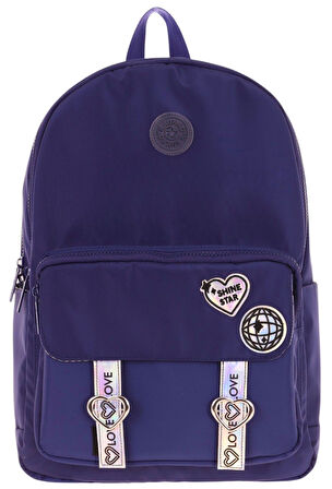 Kaukko Mirror Parlak Love Şeritli Kalp Aksesuarlı Okul ve Günlük Sırt Çantası - Kız Çocuk/Kadın - Lacivert - K1843
