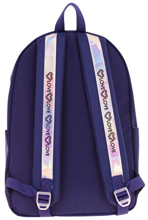 Kaukko Mirror Parlak Love Şeritli Kalp Aksesuarlı Okul ve Günlük Sırt Çantası - Kız Çocuk/Kadın - Lacivert - K1843