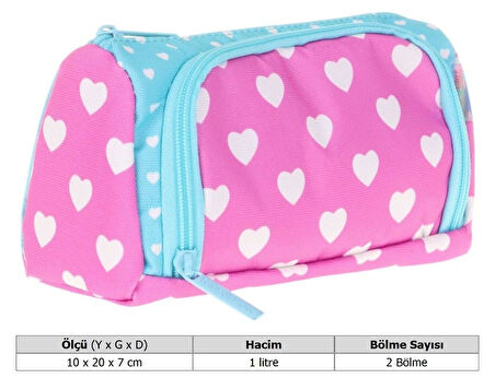 Kaukko Plump İki Bölmeli Turkuaz Pembe Kalp Desenli Kız Çocuk Kalem Çantası/Kalemlik - K2435