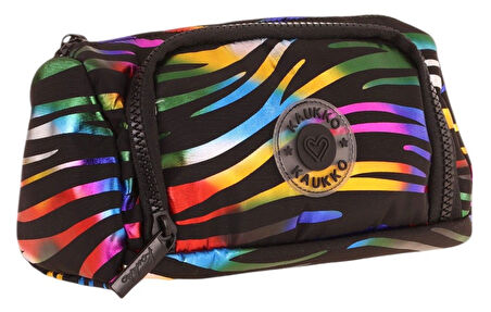 Kaukko Plump İki Bölmeli Siyah Çok Renkli Zebra Desenli Kız Çocuk Kalem Çantası/Kalemlik - K2691