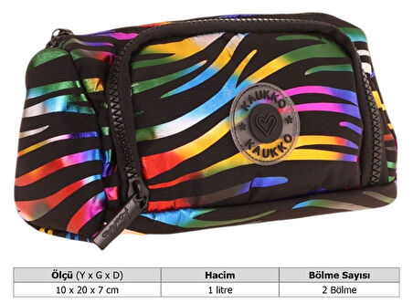 Kaukko Plump İki Bölmeli Siyah Çok Renkli Zebra Desenli Kız Çocuk Kalem Çantası/Kalemlik - K2691