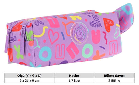 Kaukko Kız Çocuk İki Bölmeli Mor Kaukko Kalp Baskılı Kalem Çantası/Kalemlik - K2695