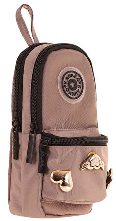 Kaukko Çanta Şekilli Kız Çocuk Üç Bölmeli Kalemlik - Kahverengi - Metal Aksesuarlı - K2745