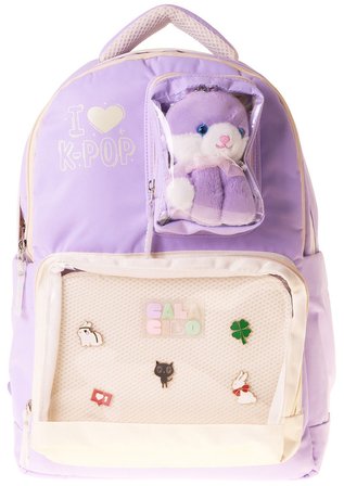 CalaCilo Dört Bölmeli Peluşlu K-Pop Lilac Peluş Ayı Aksesuarlı Lila Kız Çocuk İlkokul Sırt Çantası - C4104