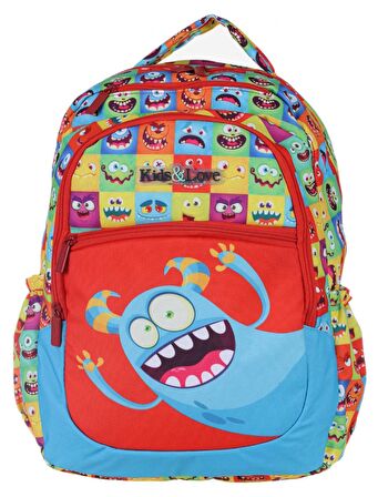 Kaukko Kids&Love Kırmızı Sevimli Canavarlar İlkokul Sırt Çantası - Erkek Çocuk
