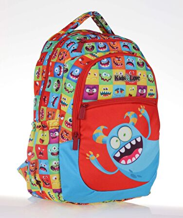 Kaukko Kids&Love Kırmızı Sevimli Canavarlar İlkokul Sırt Çantası - Erkek Çocuk