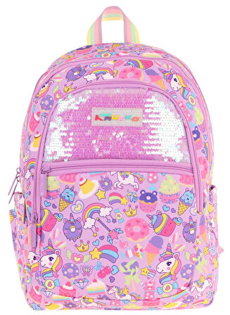 Kaukko Kids Kız Çocuk (Lila - Pullu Sweet Desenli) Dört Gözlü Okul Sırt Çantası - L5215