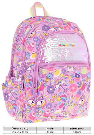 Kaukko Kids Kız Çocuk (Lila - Pullu Sweet Desenli) Dört Gözlü Okul Sırt Çantası - L5215