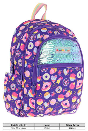 Kaukko Kids Kız Çocuk (Mor - Pullu Şekerleme Desenli) Dört Gözlü Okul Sırt Çantası - L5216