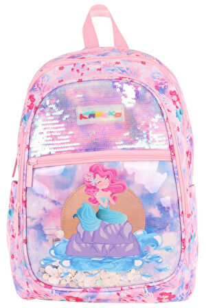 Kaukko Kids Kız Çocuk (Pembe Mavi - Pullu Denizkızı Desenli) Dört Gözlü Okul Sırt Çantası - L5217