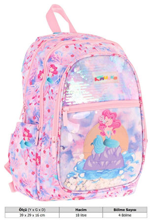 Kaukko Kids Kız Çocuk (Pembe Mavi - Pullu Denizkızı Desenli) Dört Gözlü Okul Sırt Çantası - L5217