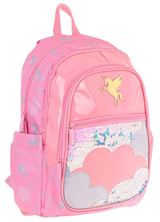 Kaukko Kids Kız Çocuk (Pembe - Pullu Bulut Desenli) Dört Gözlü Okul Sırt Çantası - L5218