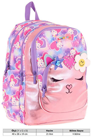 Kaukko Kids Kedi Şekilli Kız Çocuk Dört Gözlü Okul Çantası - L5219