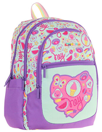 Kaukko Üç Bölmeli Kız Çocuk İlkokul Sırt Çantası (L5230) - Mor Yeşil - Karpuz ve Dondurma Desenli